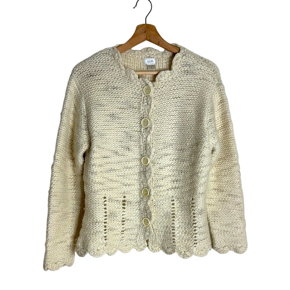 Alps Women's Vtg 100% Wool Chunky Cottagecore Button Cardigan Sweater Medium
